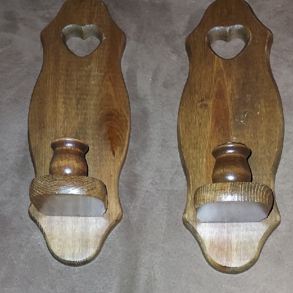 Set Of 2 Vinrage Wall Hanging Taper, Candle Holder-Wooden/Sconces 13” Tall Each